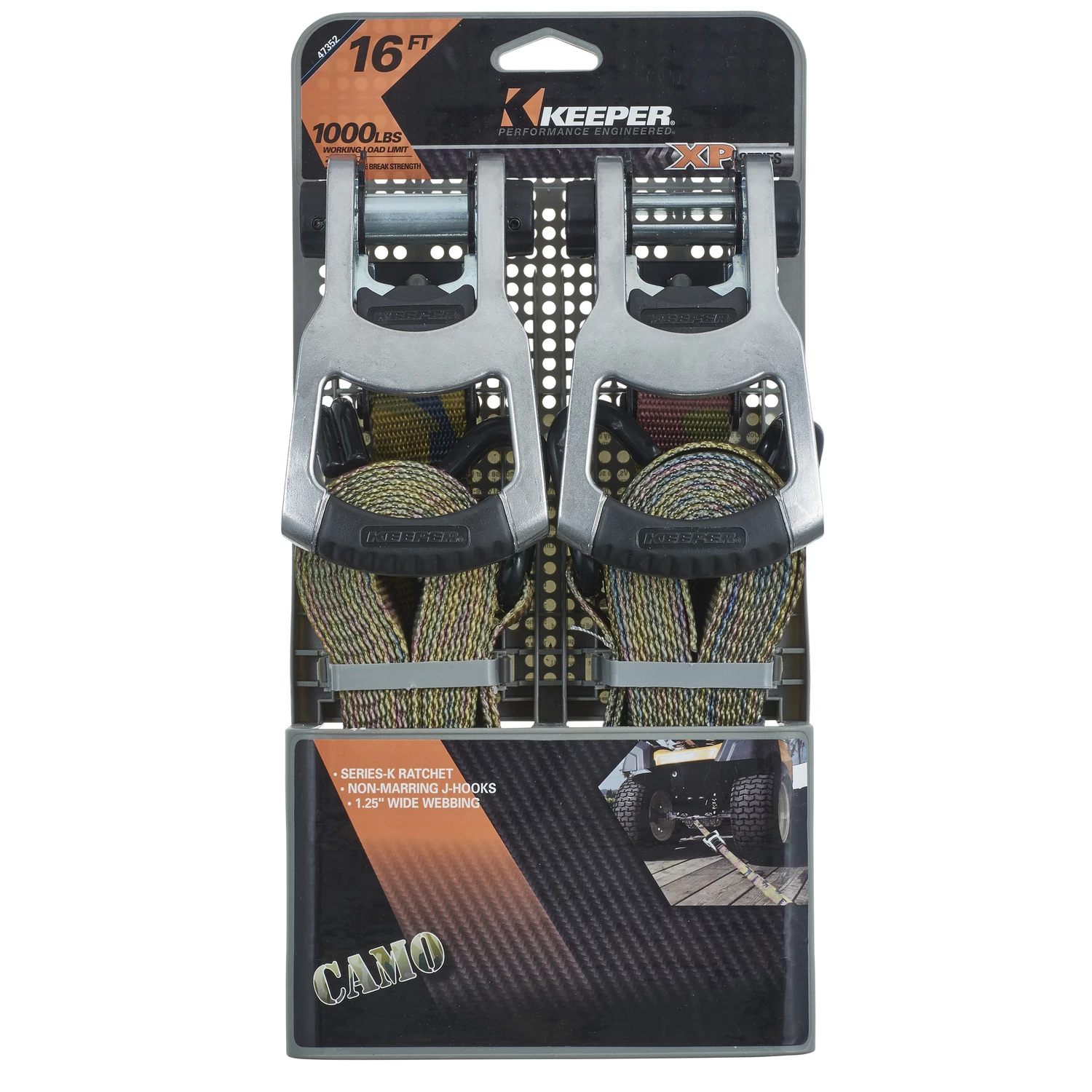 Ratchet Tie-Down, Aluminum, Woodland Camo, 1-1/4 In. x 16 Ft., 2-Pk.