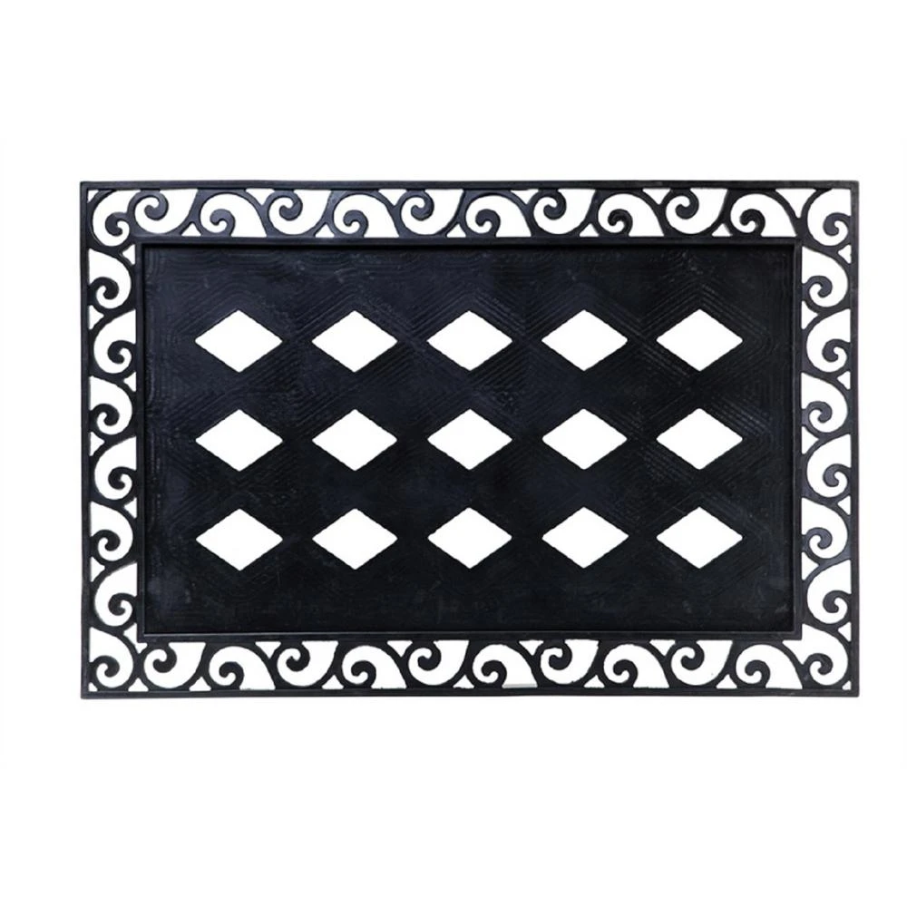 Black 36 In. X 24 In. Traditional Rubber Door Mat With Scroll Emboss Frame