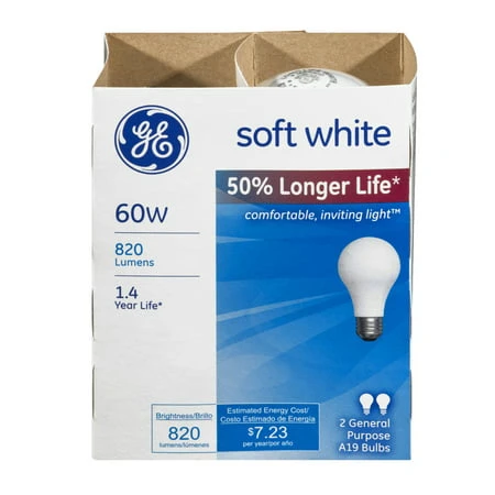 97496 60w A19 Soft White E26 Incandescent Light Bulb, 2-pack, 820 Lumens
