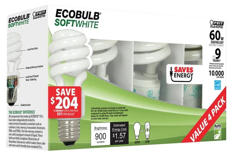 Feit Ecobulb 13 W A19 1.52 in. D X 3.6 in. L CFL Bulb Soft White Utility 2700 K 4 pk
