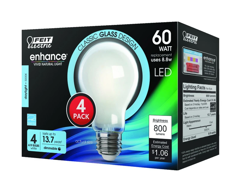 FEIT Electric A19 E26 (Medium) LED Bulb Daylight 60 Watt Equivalence 4 pk