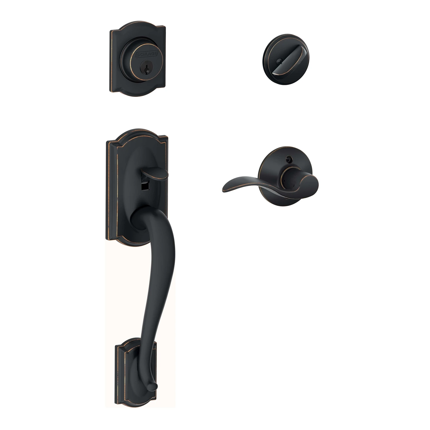 Aged Bronze Camelot Entry Door Handleset With Accent Lever F60gcam716acc