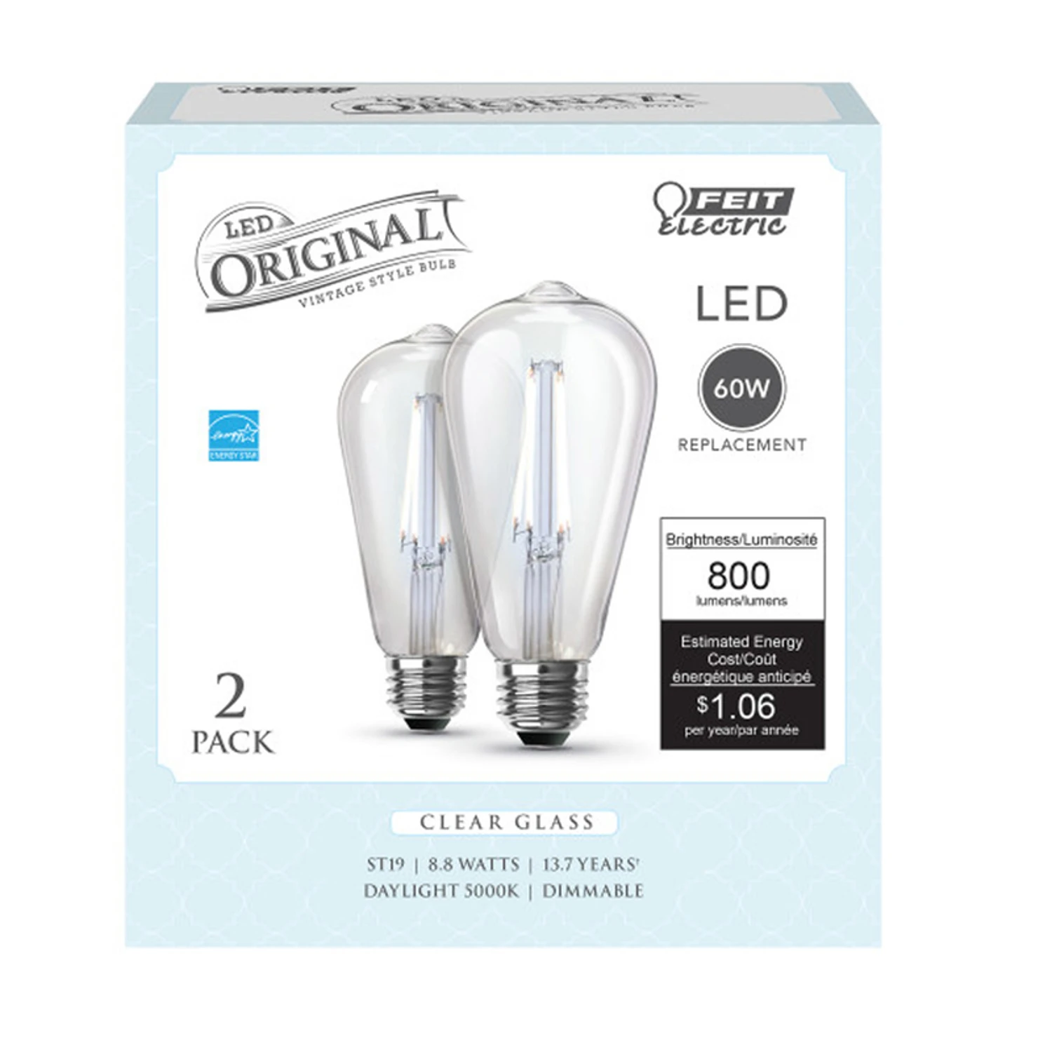3008685 ST19 E26 Medium Filament LED Bulb Daylight 60W Equivalence - Pack of 2