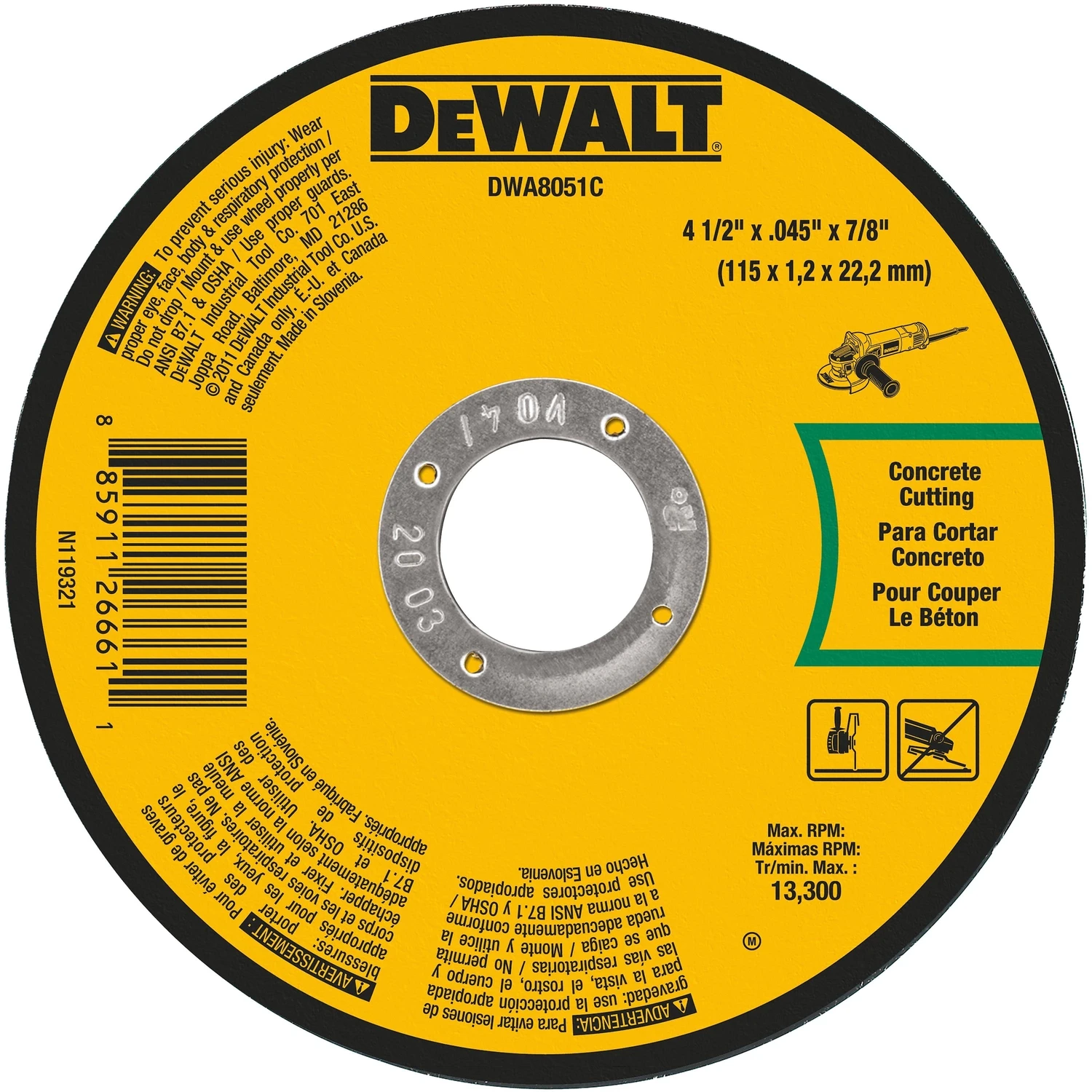 DeWalt 4-1/2 in. Dia. x 7/8 in. in. Aluminum Oxide Masonry Cutting Wheel 1 pc.