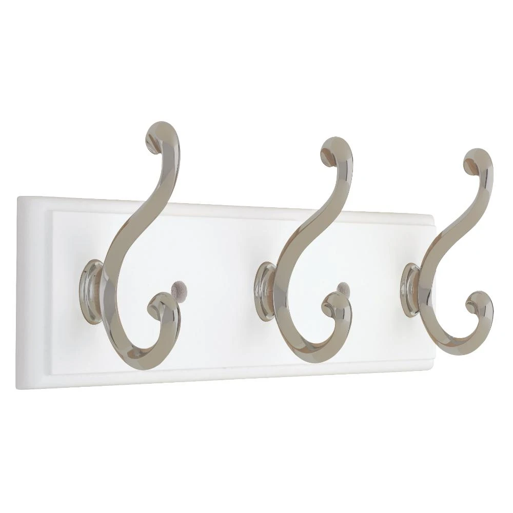 Scroll Hook Rack with Three Hooks, White and Satin Nickel Finish, 10 Inches Long