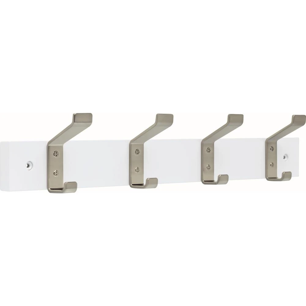 Classic Bent Hook Rail, 18-inch, Pure White & Satin Nickel, Durable Design