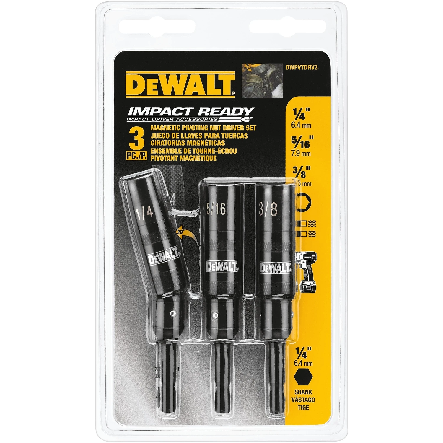 Impact Ready Magnetic Pivoting Nut Driver Set (3-piece) - 1/4 In., 5/16 In., 3/8 In.