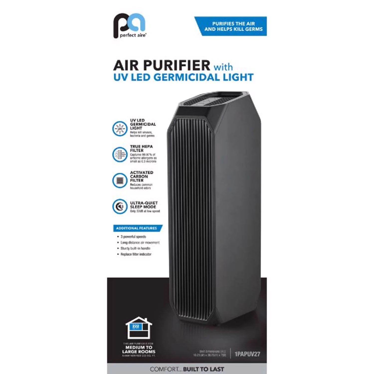 3-in-1 Hepa/carbon Tower Air Purifier With Uv Sanitizer For 222 Sq. Ft.