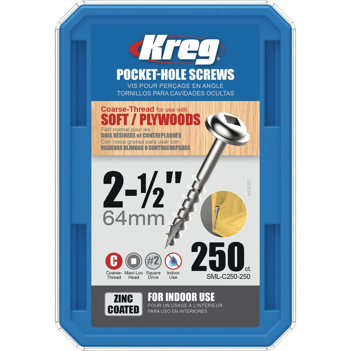 Kreg No. 8 X 2-1/2 in. L Square Zinc-Plated Coarse Pocket-Hole Screw 250 pk