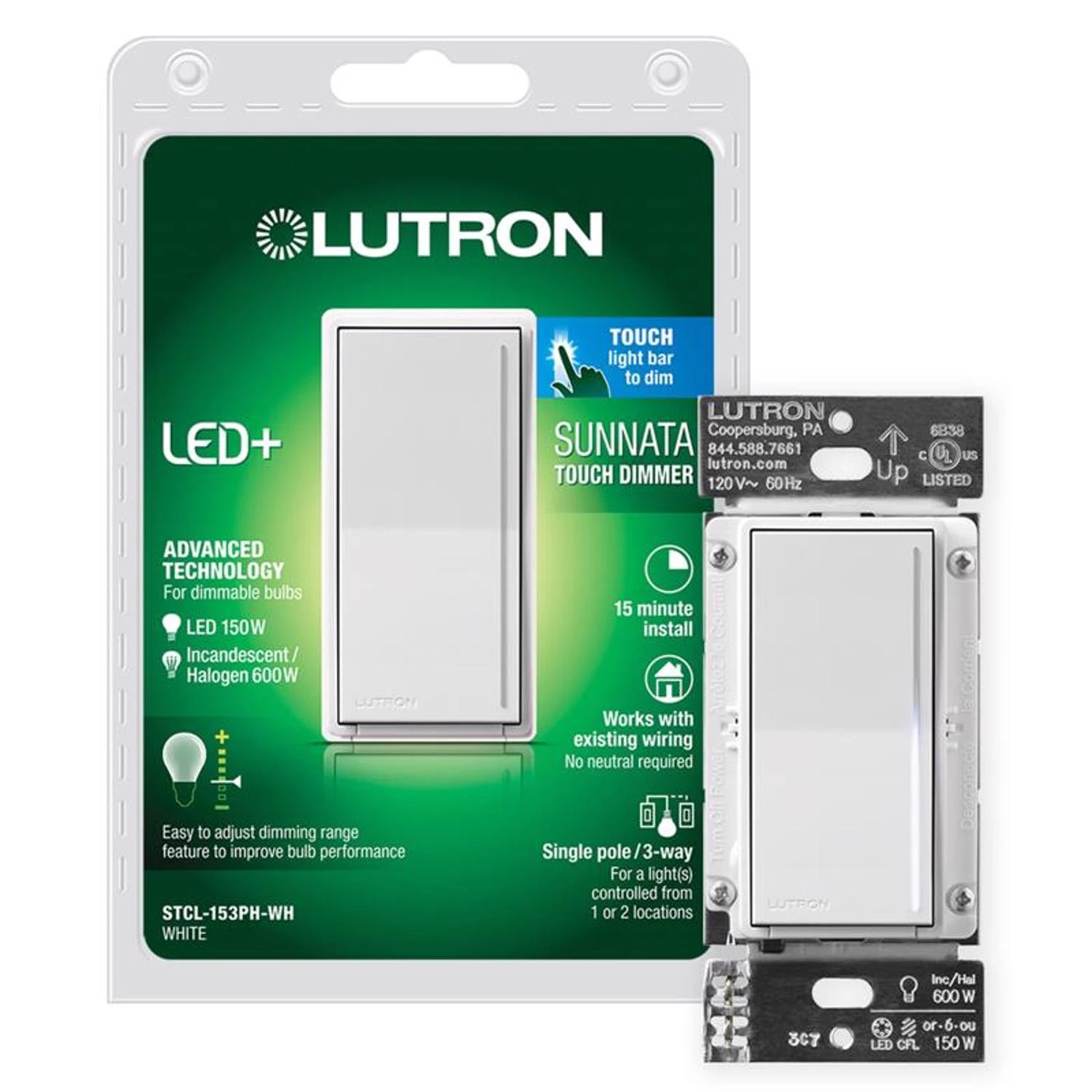 Sunnata 150w Touch Dimmer Switch, Single Pole/3-way, Led+ Technology, White