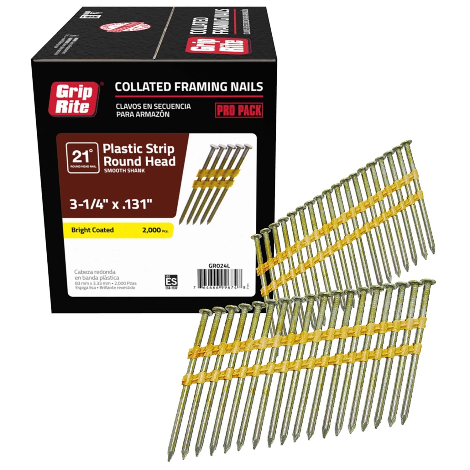 Collated Framing Nails, Plastic Strip, Smooth Steel Shank, 21 Degree, 3-1/4 x .131 In., 2000-Pk.
