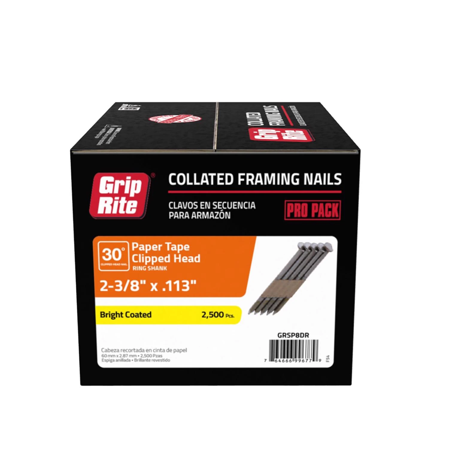 Collated Framing Stick Nails, Paper Tape, Clipped Head, 30 Degree, 2-3/8 x .113 In., 2500-Pk.
