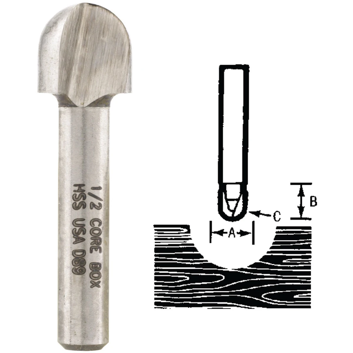 3/8 in Core Box Router Bit with Carbide Tip — 1-9/16 in Length, 1/4 in Shank