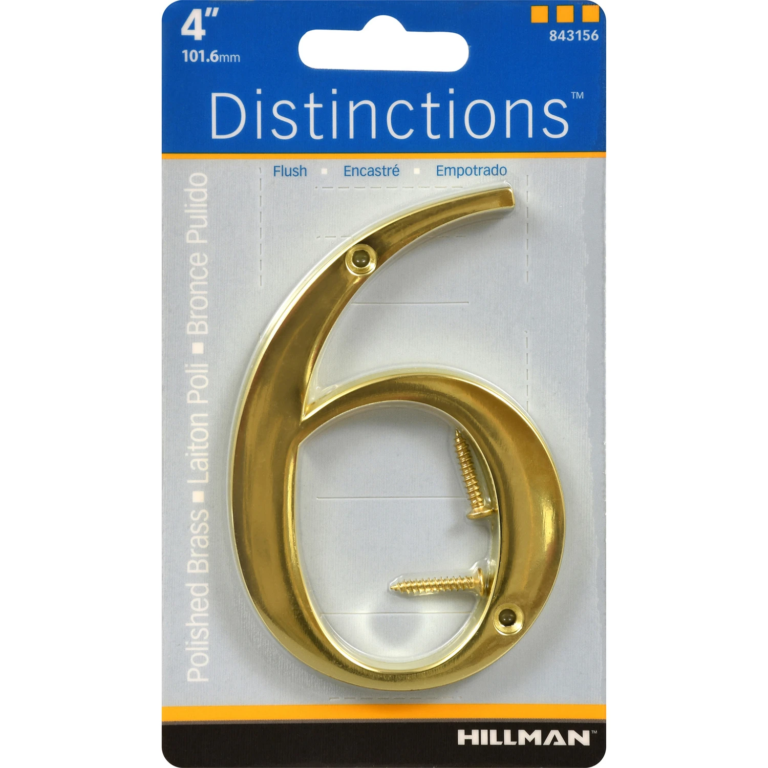 Distinctions Polished Brass House Address Number Six, Screw-In, Four Inch