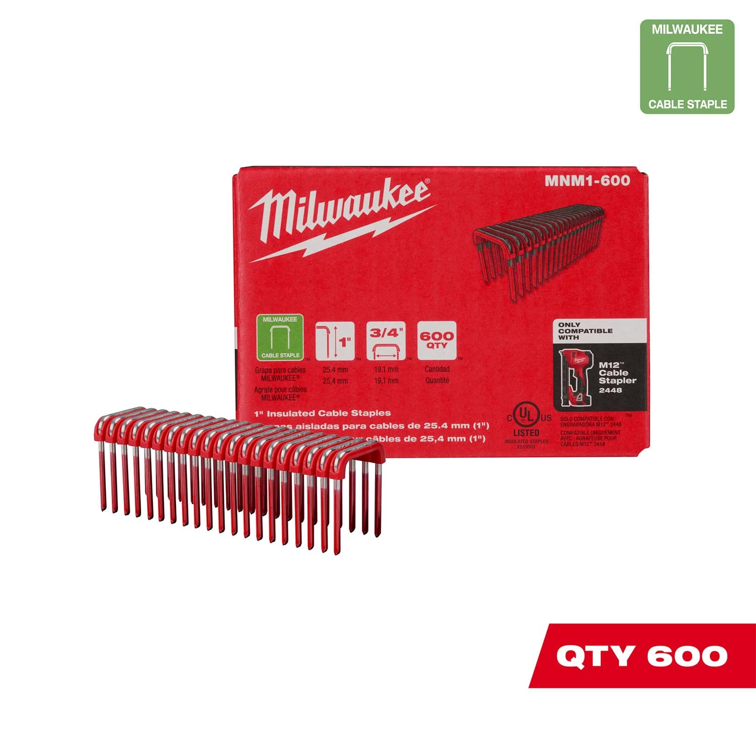 Milwaukee 3/4 in. W X 1 in. L Insulated Crown Cable Staples 600 pk