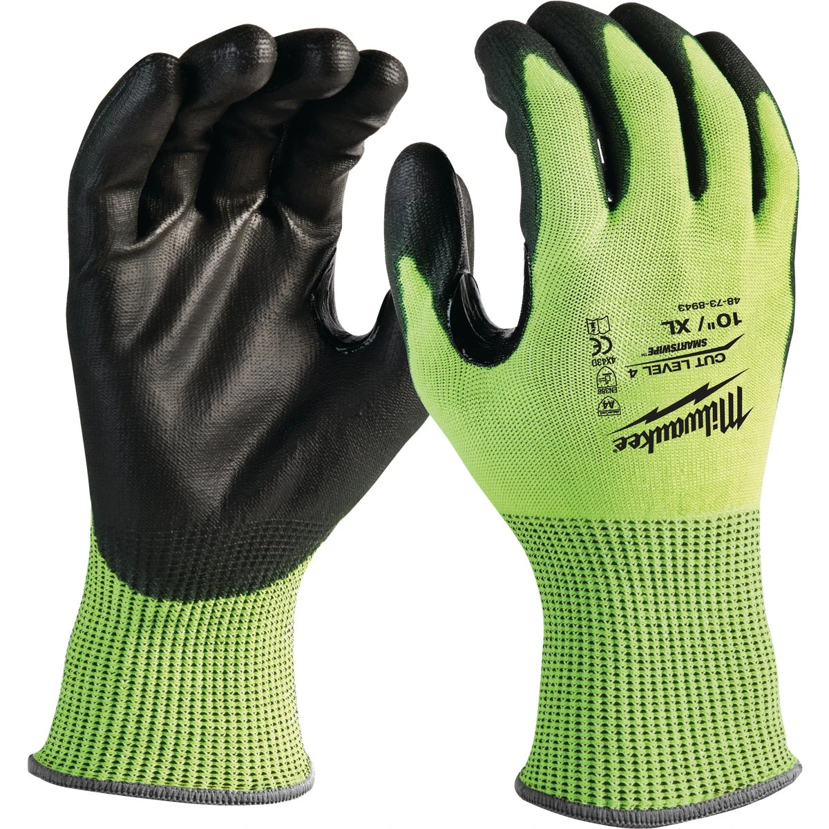 Milwaukee Large High Visibility Level 3 Cut Resistant Plyurethane Dipped Work Gloves, Kids Unisex, Hi-Vis Yellow