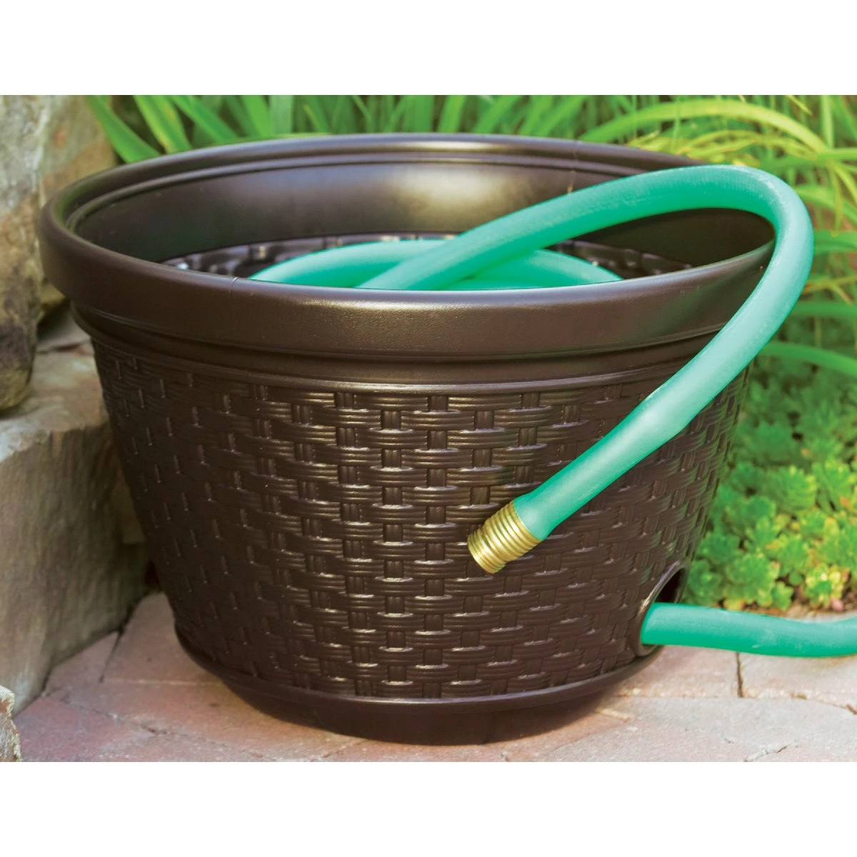 100 Ft. Brown Resin Wicker Hose Pot - Durable And Stylish Storage Solution