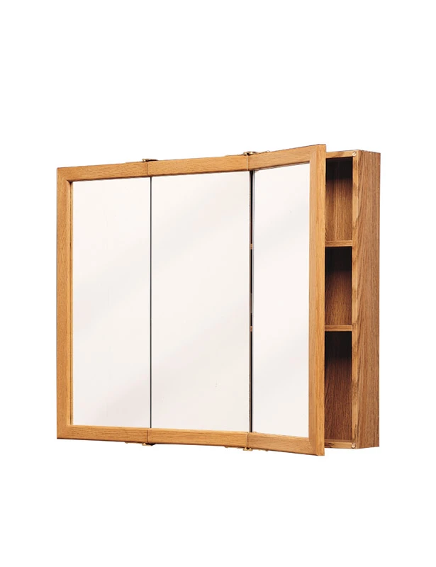 Tri-View Mirror Medicine Cabinet with Oak Frame, 23 and 3 Quarter Inches by 25 and 5 Eighth Inches