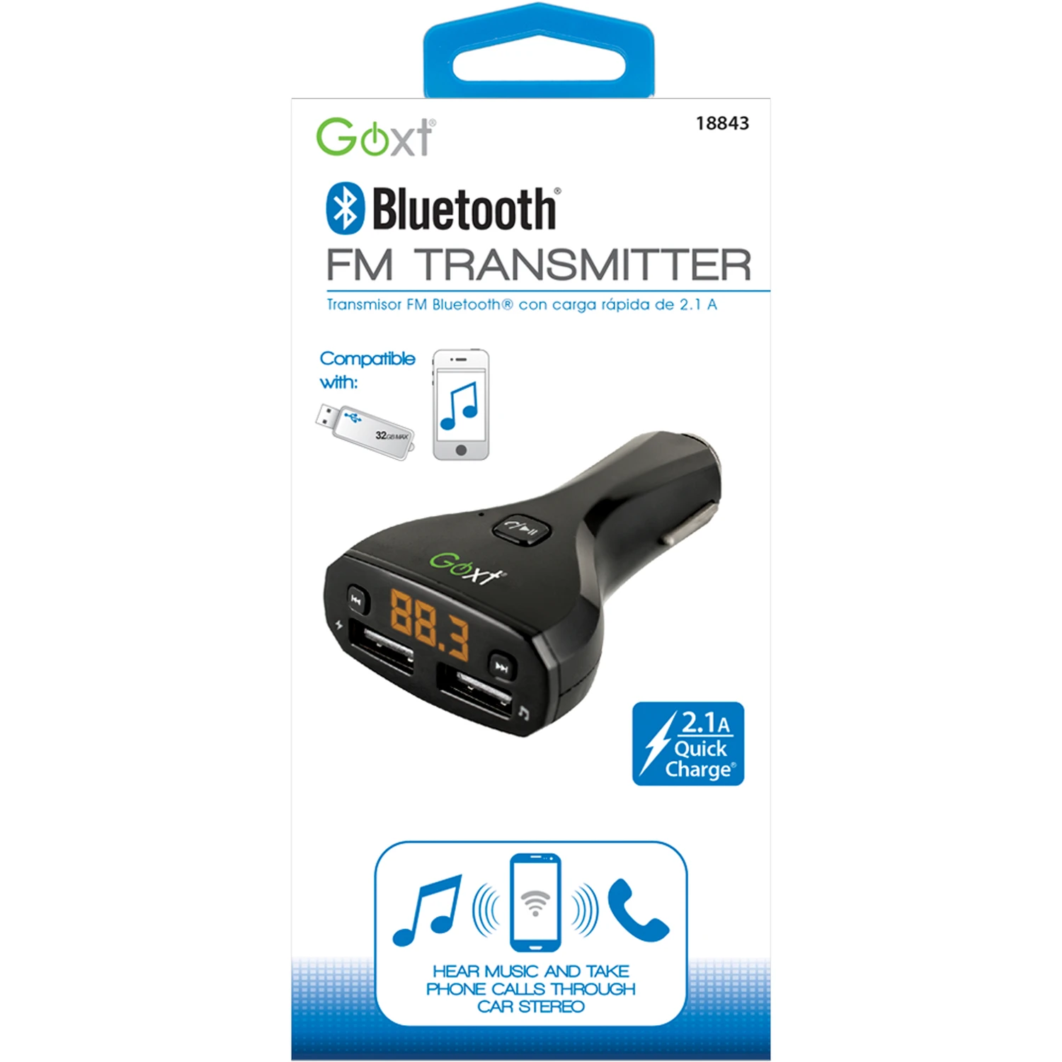 Direct Plug Bluetooth and FM Transmitter Compatible with Smartphone and USB Devices