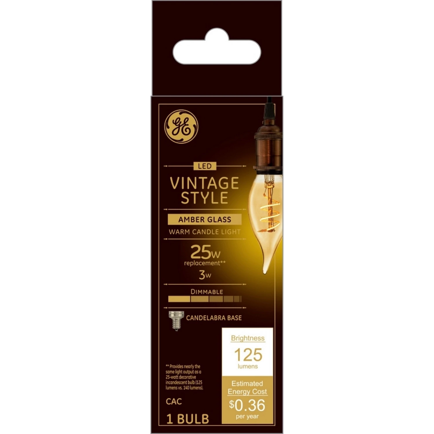 36488 Vintage Led Candelabra Bulb, 3w, 25w Equivalent, Warm White, 125 Lumens, Dimmable