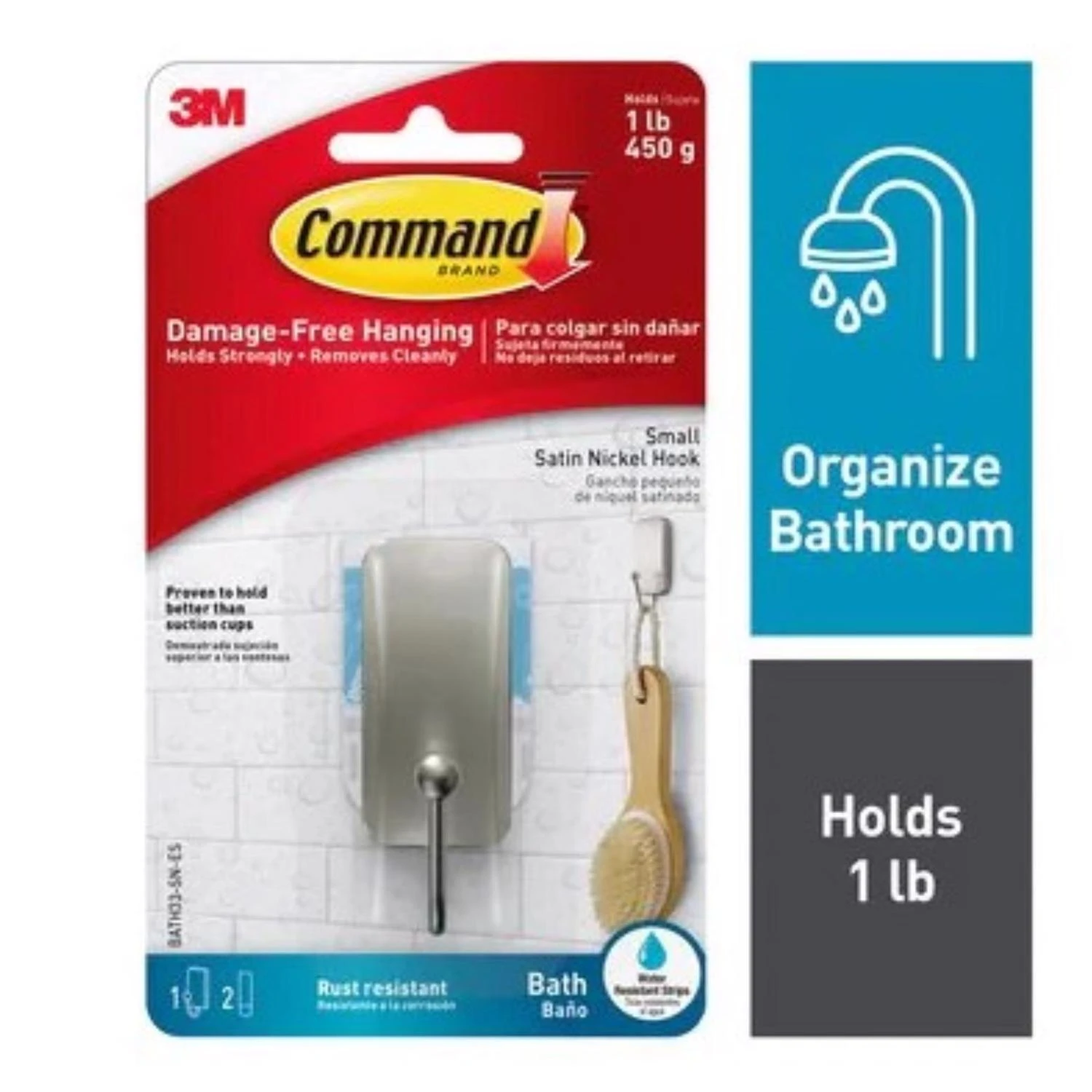 Command Satin Nickel Adhesive Hook 1.18 In. L With Water-resistant Strips