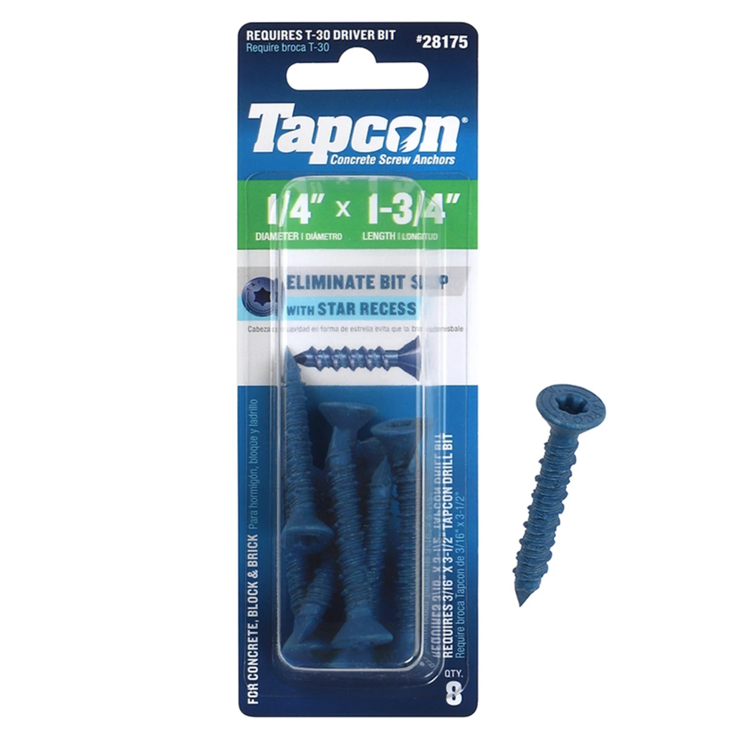 Concrete Anchors, Star Drive, 1/4 x 1-3/4 In., 8-Pk.