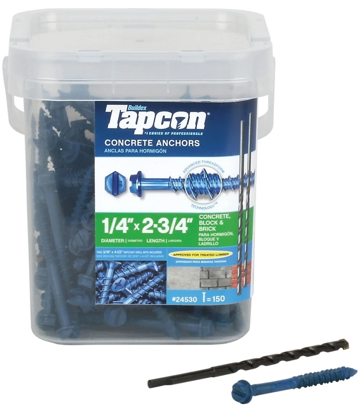Concrete Screw Anchors, Hex Washer Head, Steel, 1/4 x 2-3/4 In., 150-Pk.