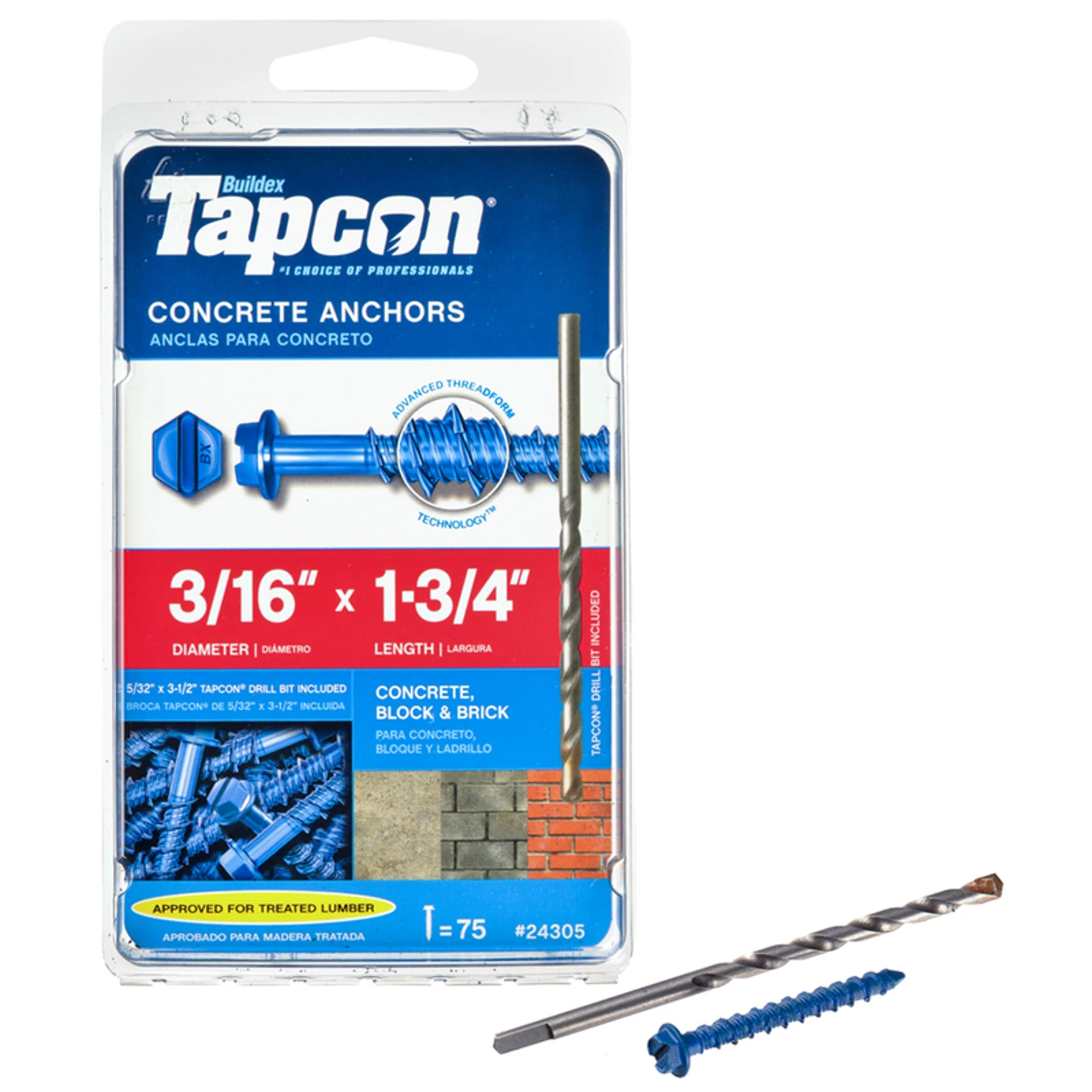 Concrete Anchors, Hex Washer Head, 3/16 x 1-3/4 In., 75-Pk.