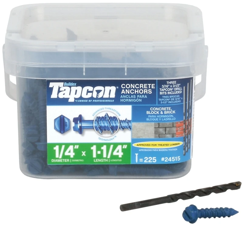 Concrete Screw Anchors, Hex Head, 1/4 x 1-1/4 In., 225-Pk.