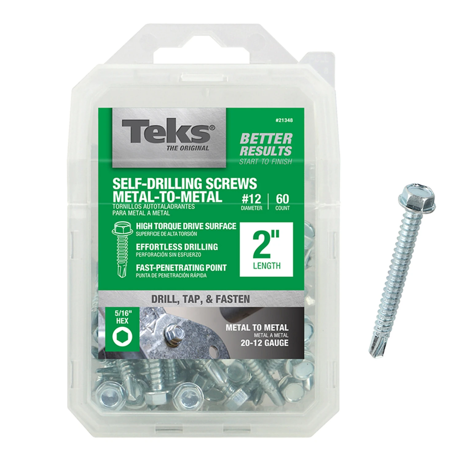 Self-Tapping Screw, Hex, 2 In. x #12, 60-Pk.