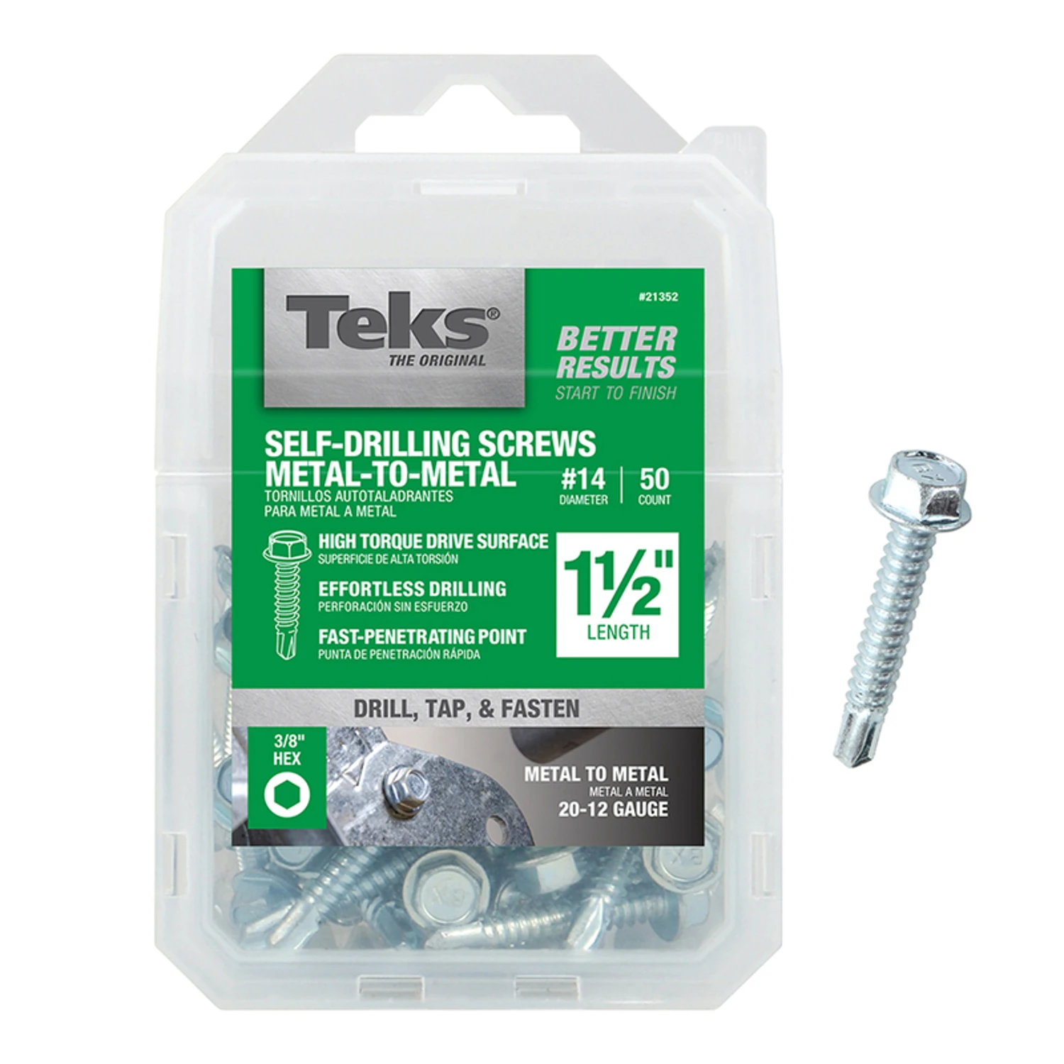 Self-Tapping Drill Point Screw, Hex Washer Head, #14 x 1-1/2 In., 50-Pk.