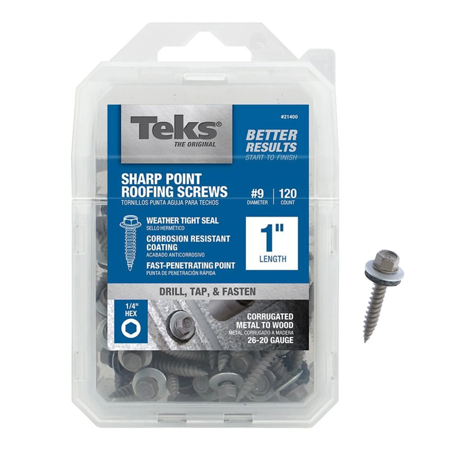 Roofing Screws, Hex Washer Head, Sharp Point, #9 x 1 In., 120-Ct.
