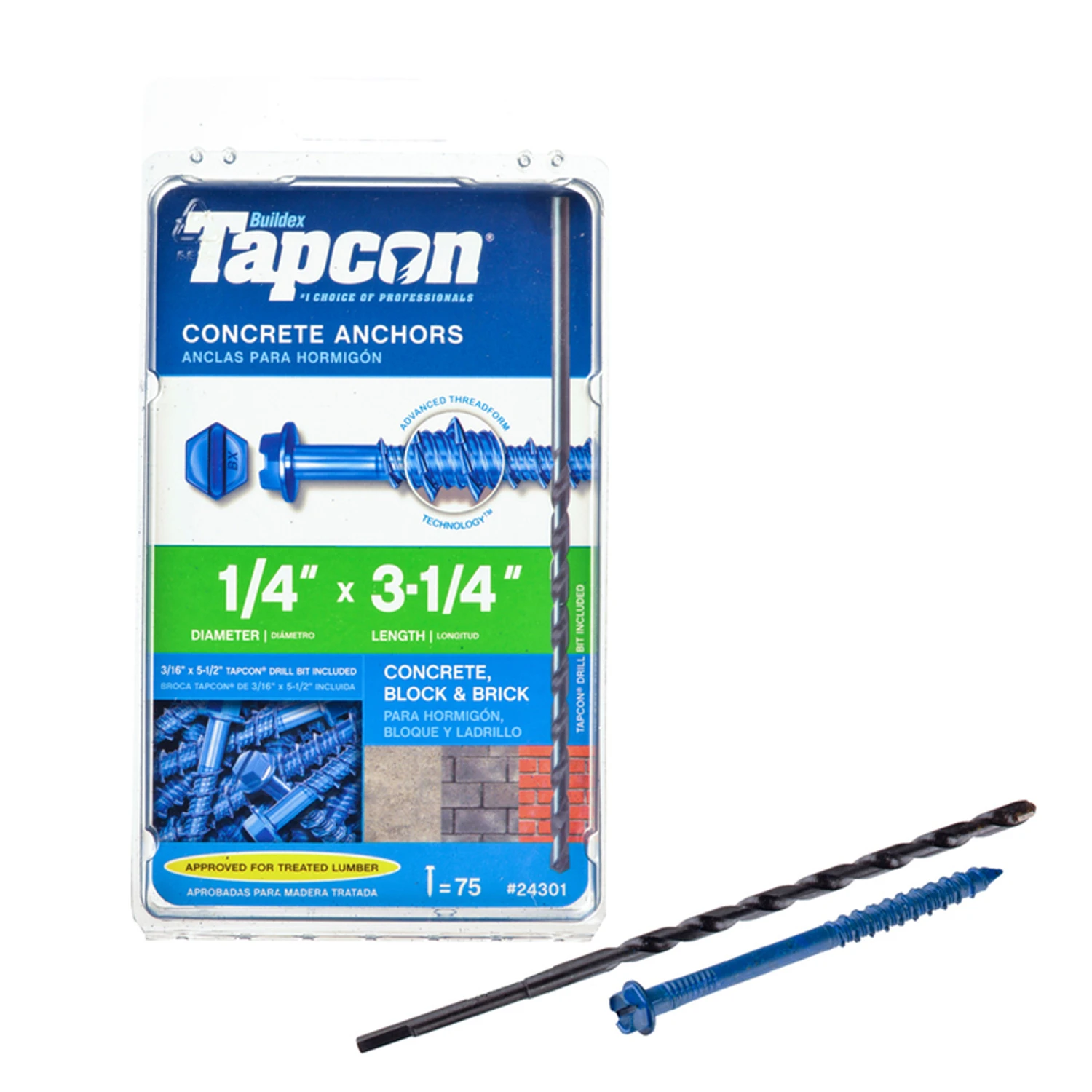 Concrete Anchors, Hex Washer Head, Steel, 1/4 x 3-1/4 In., 75-Pk.