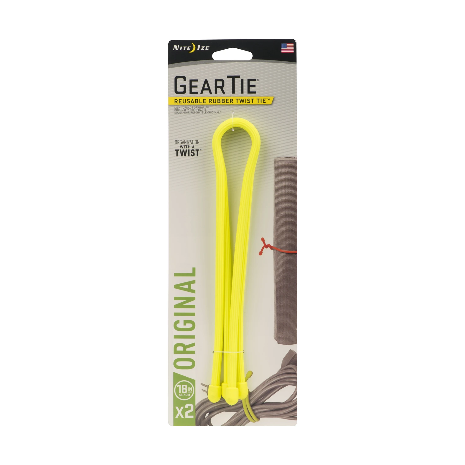 Gear Tie Reusable Rubber Twist Tie, Neon Yellow, 18-In., 2-Pk.