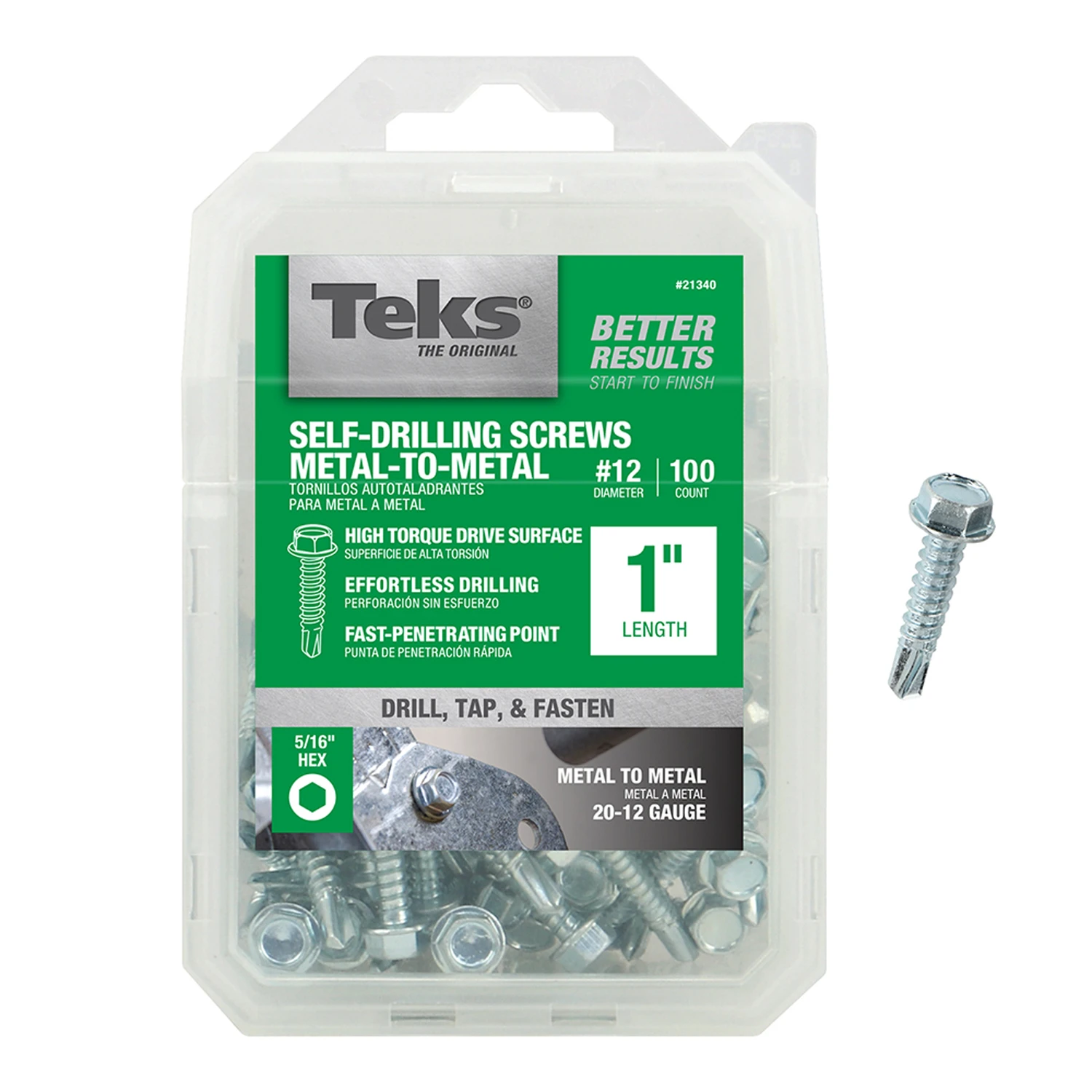 Drill Point Screws, Self-Tapping, Hex Washer Head, #12 x 1 In., 100-Pk.