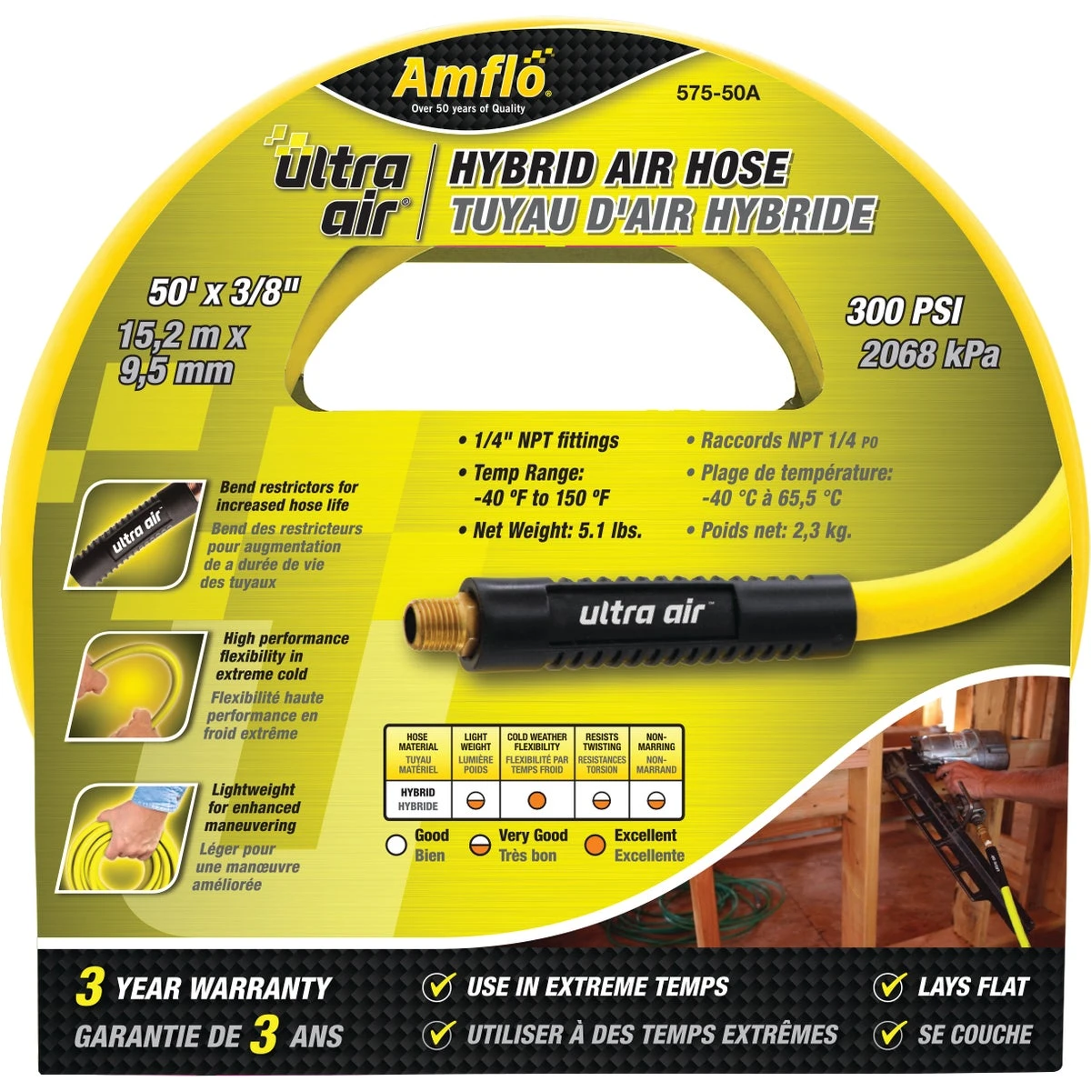 Ultraair 3/8 In. X 50 Ft. Hybrid Pvc/rubber Air Hose 300 Psi Yellow