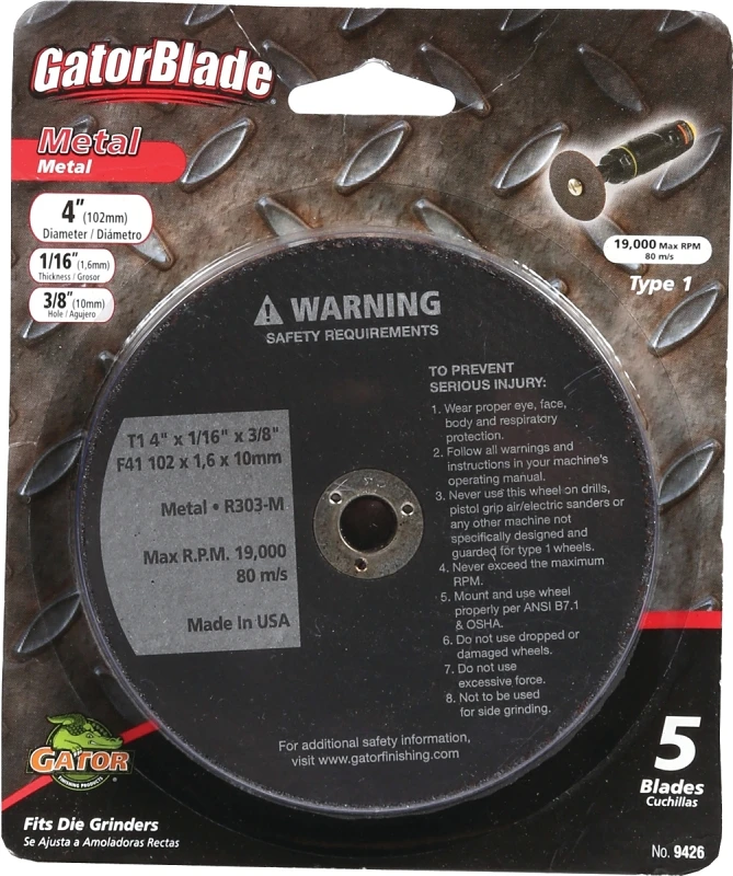 Metal Cut Off Blade, For Die Grinders, 4 x 1/16 x 3/8 In., 5-Pk.