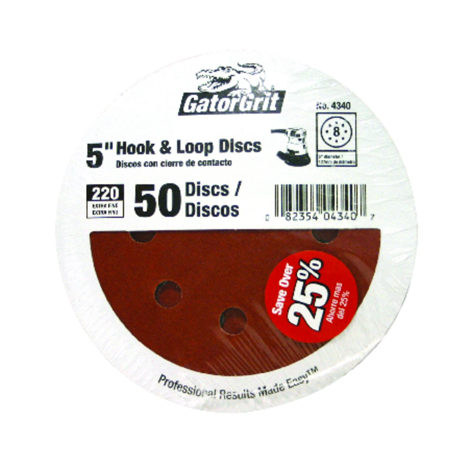 5 In. 220 Grit Extra Fine Hook And Loop Sanding Discs 50 Pk, 8 Holes