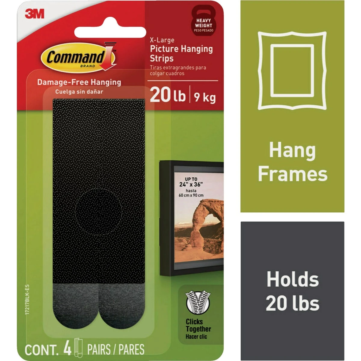 20 Lb. Picture Hanging Strips, Black, 4 Pairs, X-Large