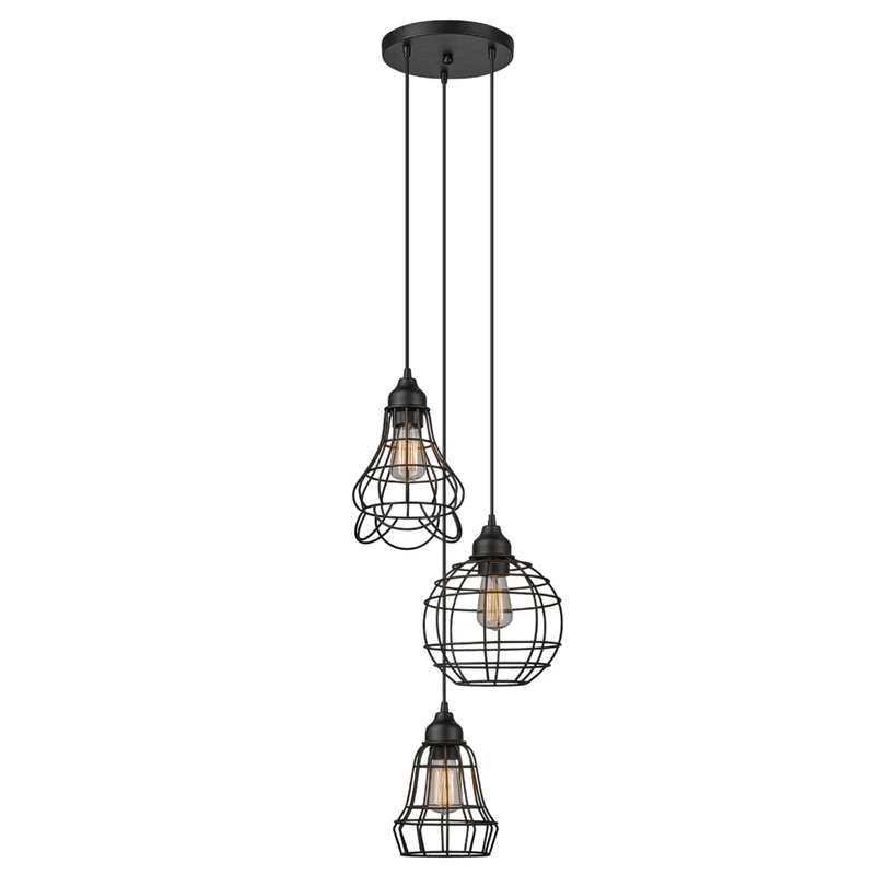 Three-Light Cluster Cage Pendant Light Fixture in Bronze Finish