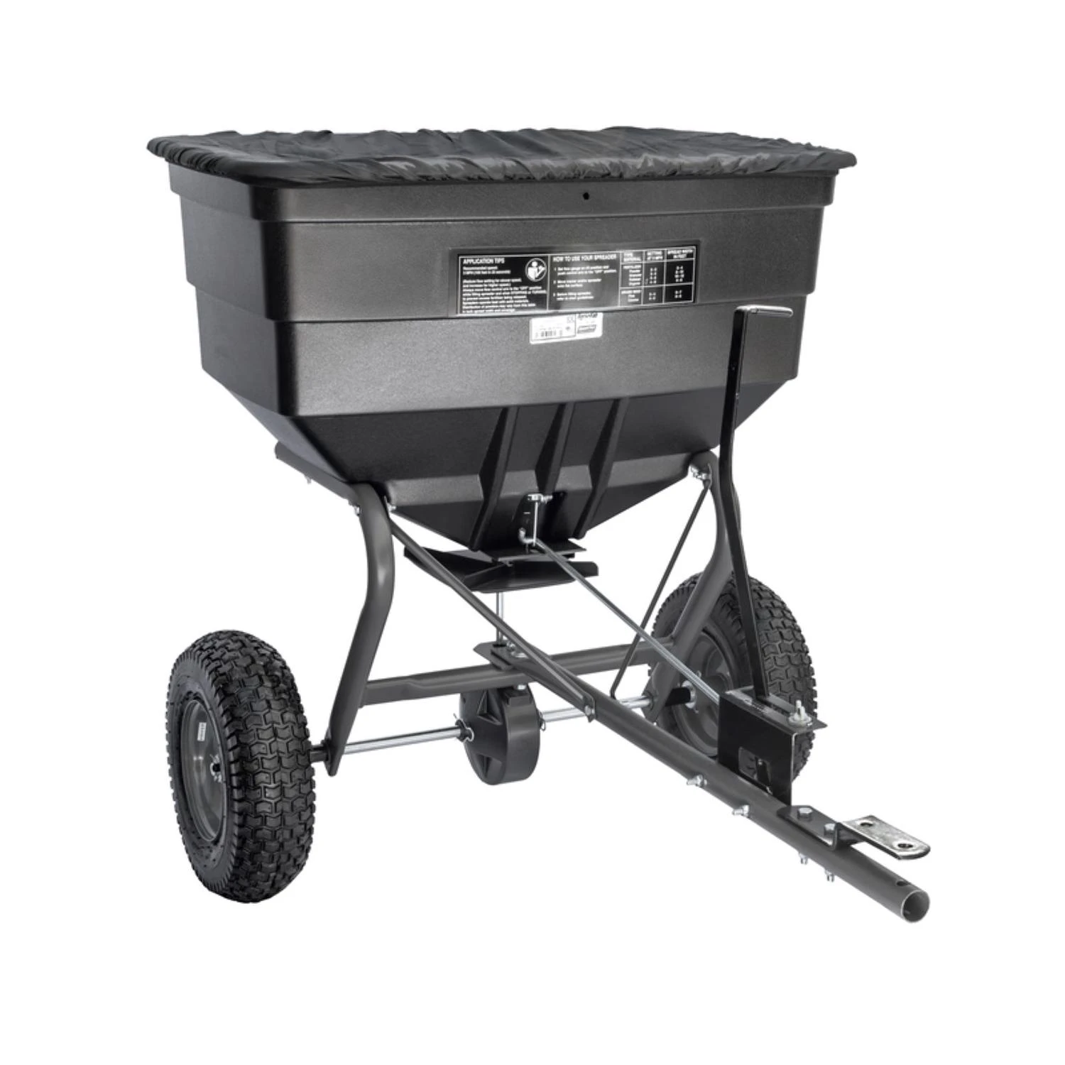 Tow Behind Broadcast Spreader with 185 Pound Capacity for Lawn and Garden Use