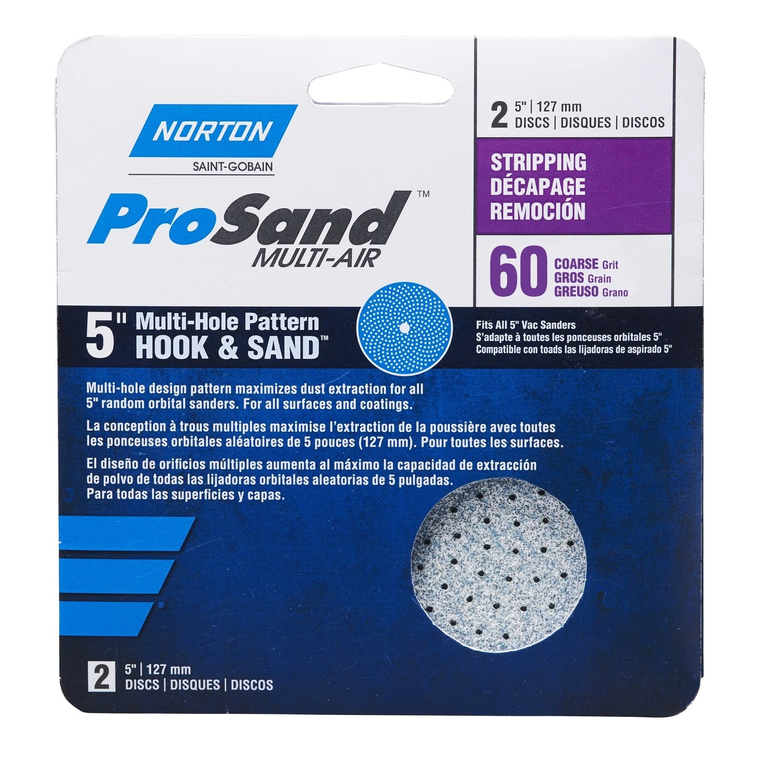 Norton 03233 Sanding Disc, 5 in Dia, 11/16 in Arbor, Coated, 60 Grit, Coarse, Alumina Ceramic Abrasive, Spiral