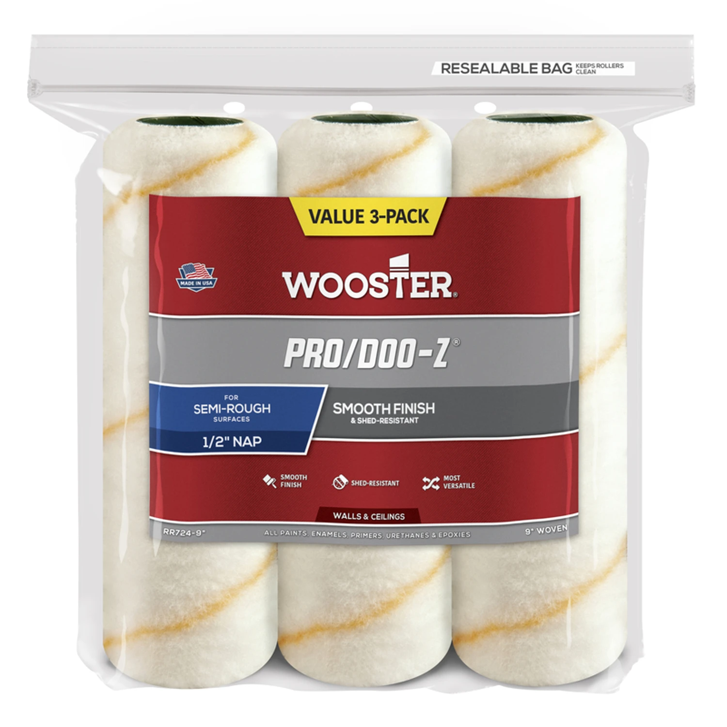 Pro-Doo-Z Paint Roller Cover, 9 x 1/2 In. Nap, 3-Pk.
