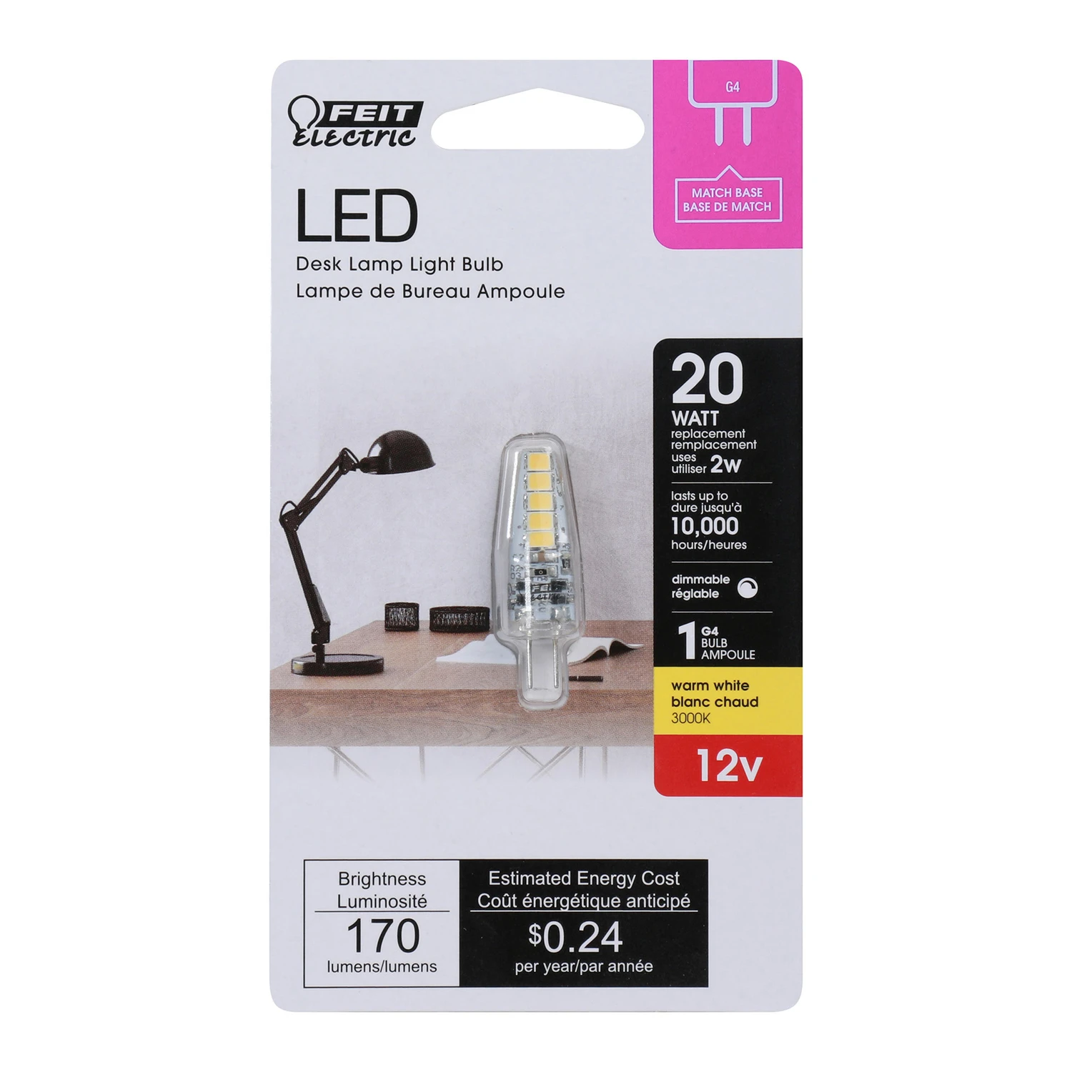Feit Electric BP20G4/830/LED LED Bulb, Specialty, T4 Lamp, 20 W Equivalent, G4 Lamp Base, Dimmable, Warm White Light
