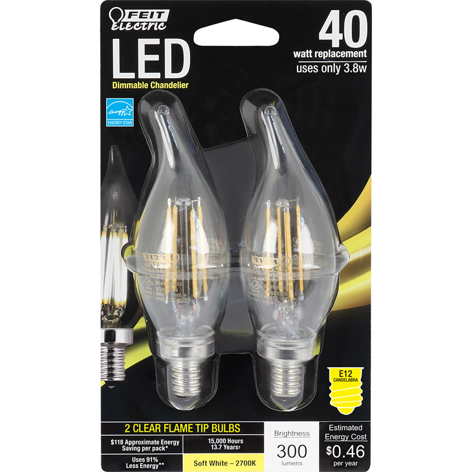 FEIT Electric 3.8 watts C10 LED Bulb 300 lumens Soft White Chandelier 40 Watt Equivalence
