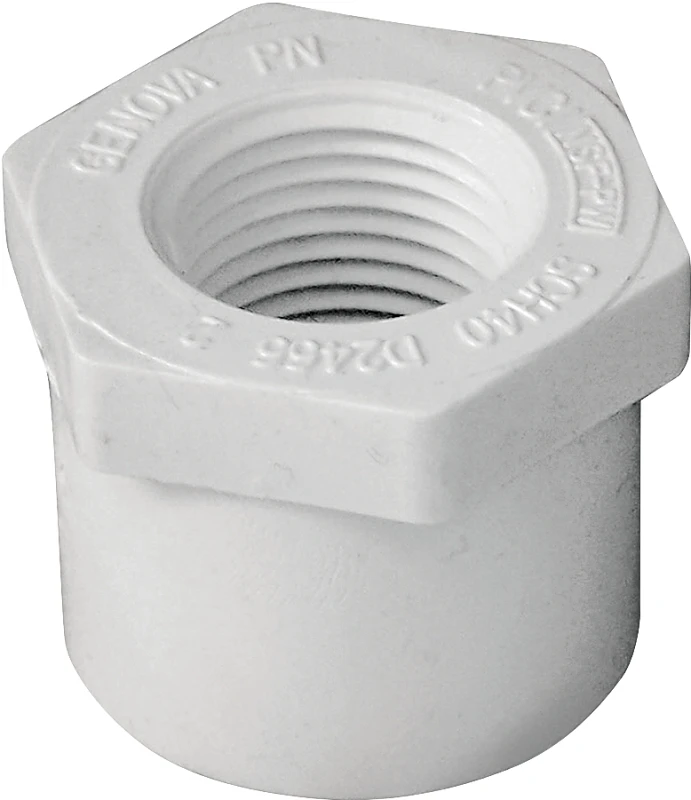 Schedule 40 Reducing Bushing, Spigot x Female Thread, White, 1 x 1/2 In.