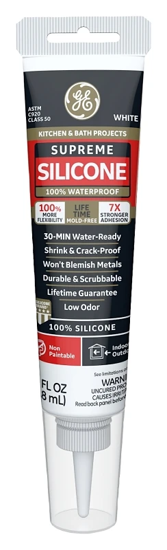 Silicone Kitchen & Bath Sealant, White, 2.8 Oz. Tube - Premium Waterproof Sealant