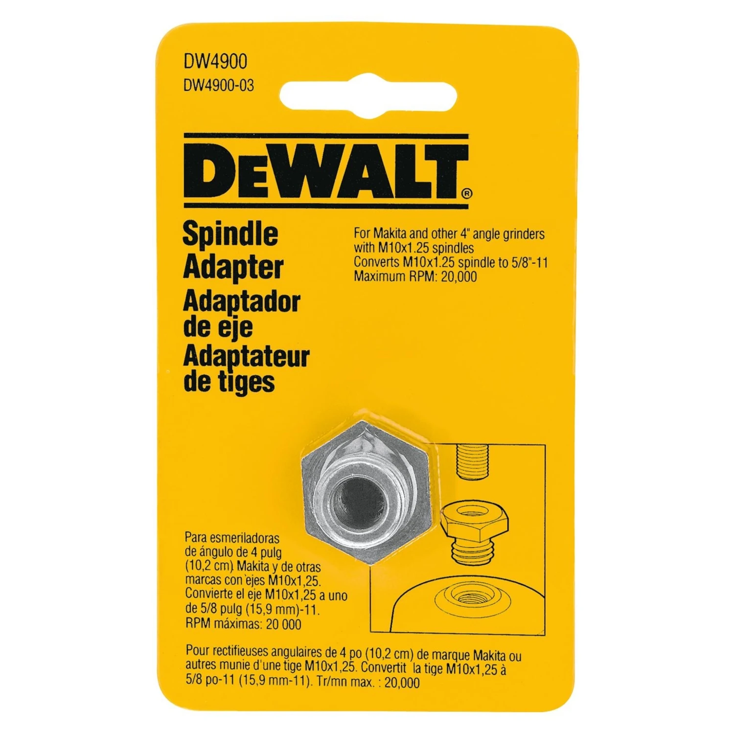 Dw4900 Metal Spindle Adapter For Angle Grinders, 5/8"-11 To M10 X 1.25