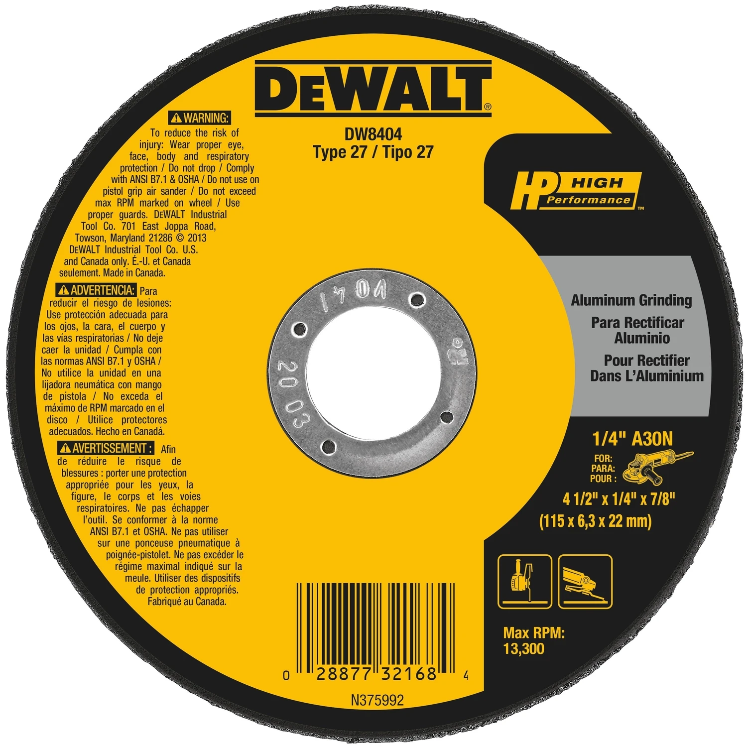 Hp Type 27 4-1/2 In. X 1/4 In. X 7/8 In. Aluminum Grinding Cut-off Wheel