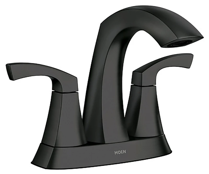 Lindor Two-Handle High-Arc Bathroom Faucet with Four-Inch Centerset in Matte Black Finish